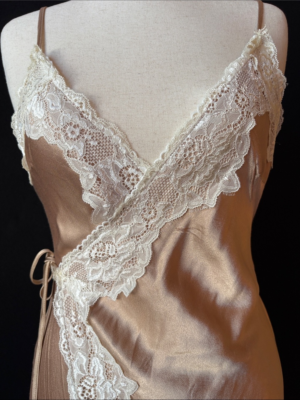 VRG GR Lace-Trim Maxi Slip Dress in Champagne Gold Tan with Cream Lace Trim